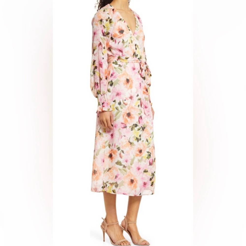 Charles Henry Spring Floral Wrap Midi Dress, NWT